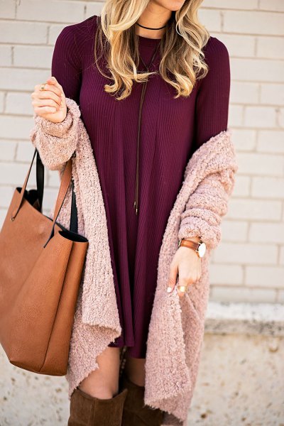 burgundy mini dress with gray knitted cardigan