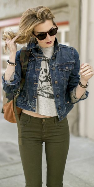 gray cropped print sweater with blue denim jacket