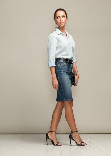 white button up shirt with gray blue denim skirt