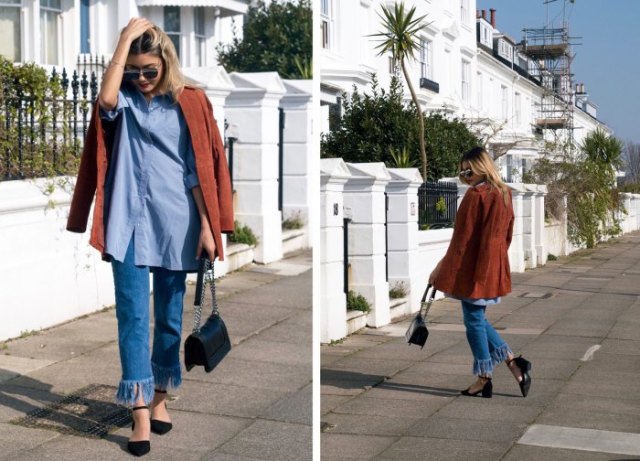 chambray shirt with brown corduroy blazer and fringed jeans
