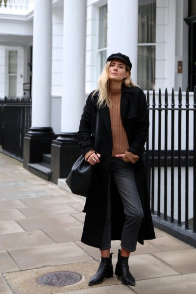 black maxi jacket with ribbed sweater with camel mock neck