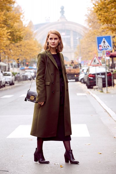 brown long wool coat with black maxi shift dress