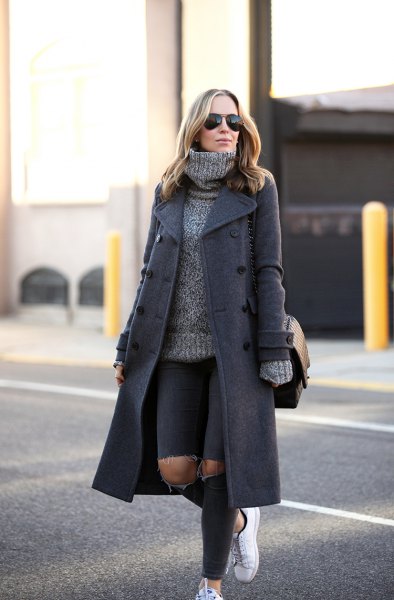 gray wool maxi jacket with turtleneck chunky sweater
