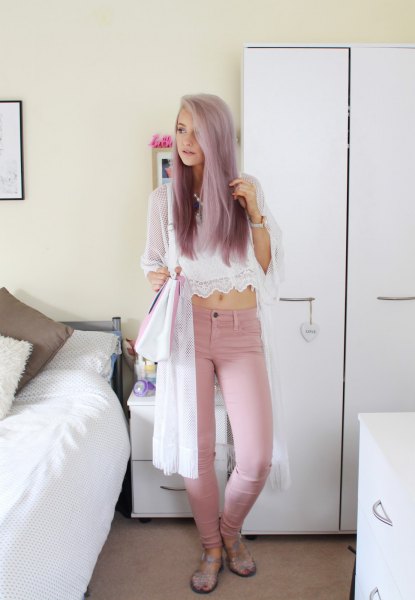 white chiffon and lace lace top with pink skinny jeans