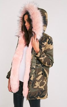 camo fur lined hooded parka jacket with white blouse