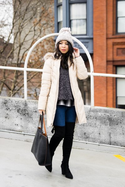 white long puffer skirt with little gray sweater and blue floating shorts