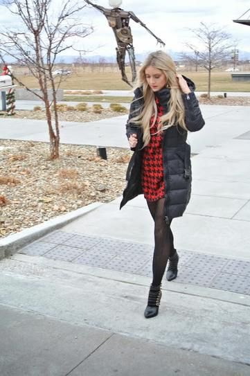 black long puffer skirt with red and black checkered mini dress