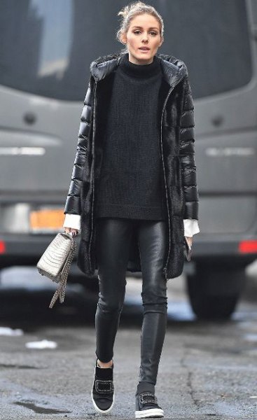 black long puffer skirt with comfortable sweater with suede and leather legs
