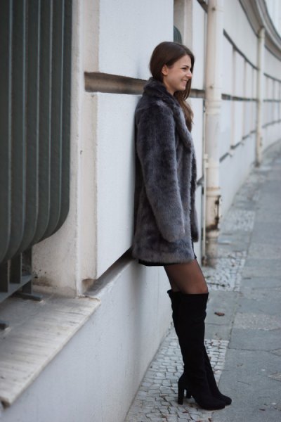 gray faux fur dress with black over the knee boots