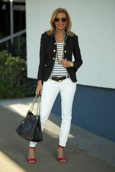 military blazer with striped tee and white skinny jeans