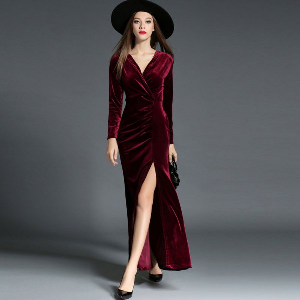black felt hat with burgundy maxi velvet wrap dress