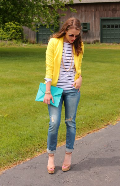 navy and white striped long sleeve tee with yellow blazer