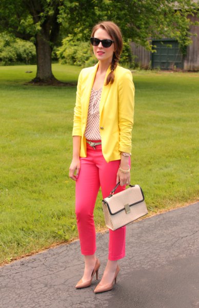 yellow blazer with hot pink ankle jeans