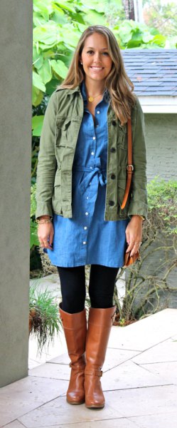 military jacket with button up chambray dress