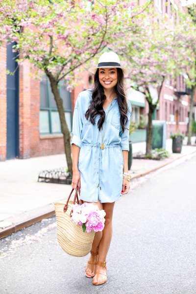 light blue shirt dress with white straw hat