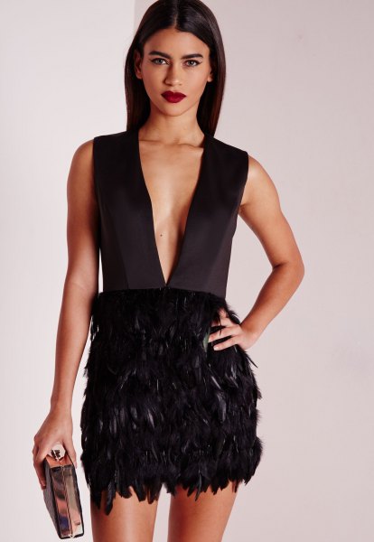 black deep v-neck feather mini dress