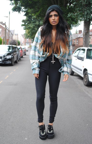 gray and white checkered vintage boyfriend shirt with black high waist jeans