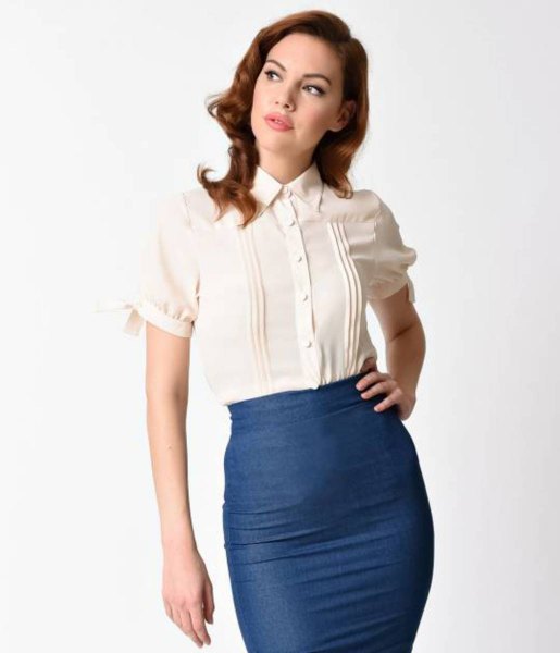 white pleated vintage shirt with navy bodycon midi skirt