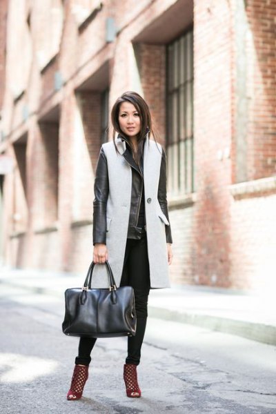 gray long wool sleeveless jacket with black leather jacket