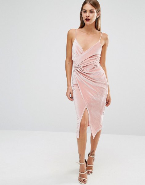 pink velvet midi low cut dress