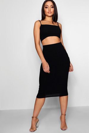 black cropped square neck vest with high waist midi bodycon skirt