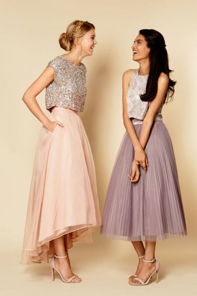 silver cap sleeve sequin crop with light pink maxi-extended skirt