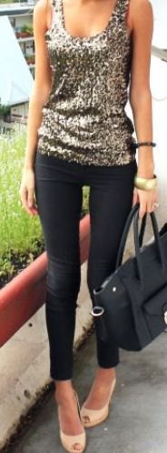 silver sequin with scoop neck with black skinny jeans
