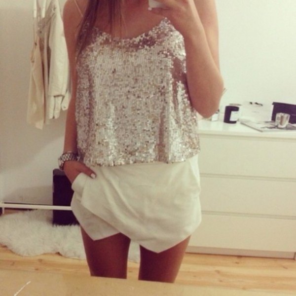 silver sequin vest with white shirt
