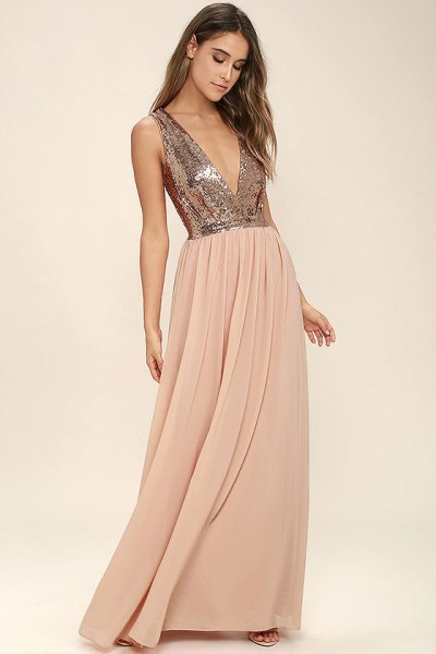 silver deep v-neck sequin top with blush pink chiffon pleated floor length skirt