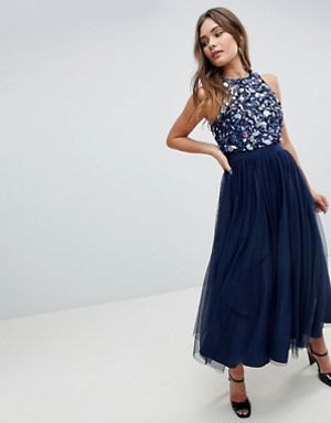 blue sequin lace top with navy blue maxi chiffon skirt