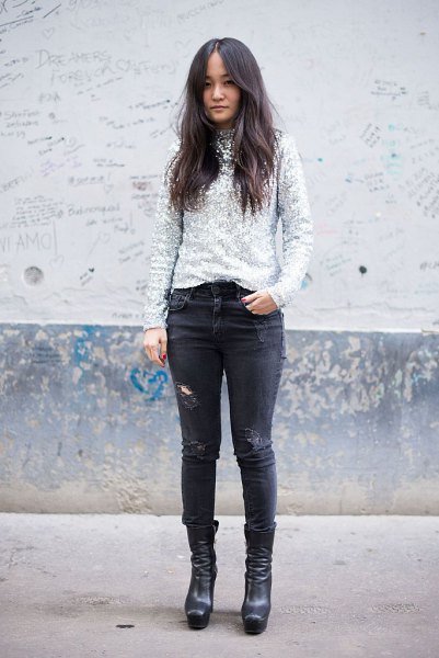 silver sequin shirt with black skinny jeans