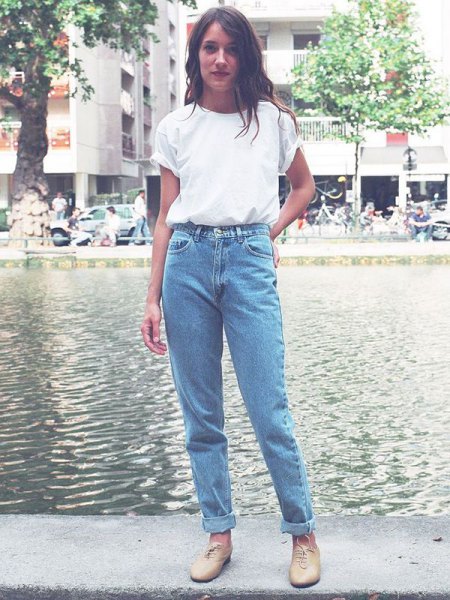 white t-shirt with blue cuffed vintage high waist jeans