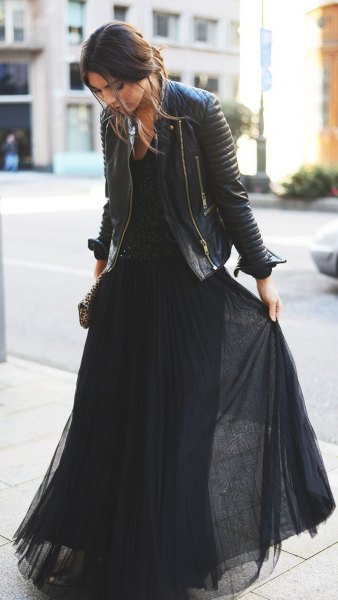 black chiffon pleated maxi dress with leather jacket
