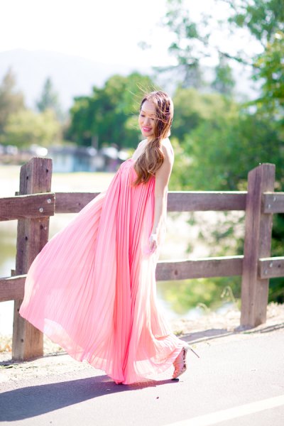 blush pink maxi pleated puffy dress
