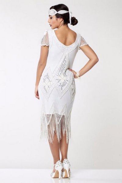white lace sleeve midi flapper fringe dress