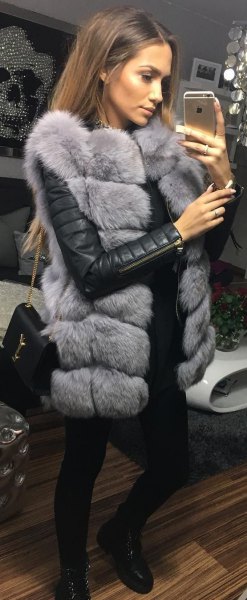 gray sleeveless faux fur bubble skirt with black leather jacket