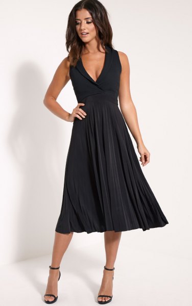 black deep v-neck fit and flare midi pleated dress