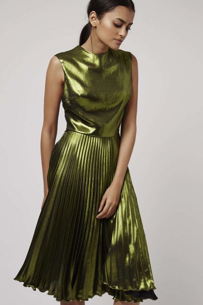 green metallic sleeveless pleated dress