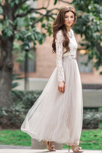 white lace blouse with light gray maxi tulle skirt