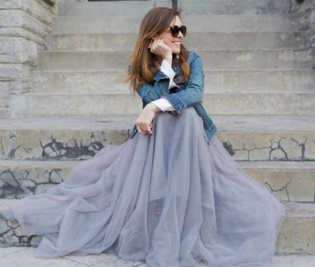 blue denim jacket with thick floor length tulle skirt