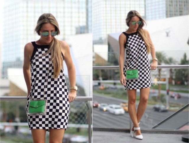 checkered halter shift mini dress with white heels