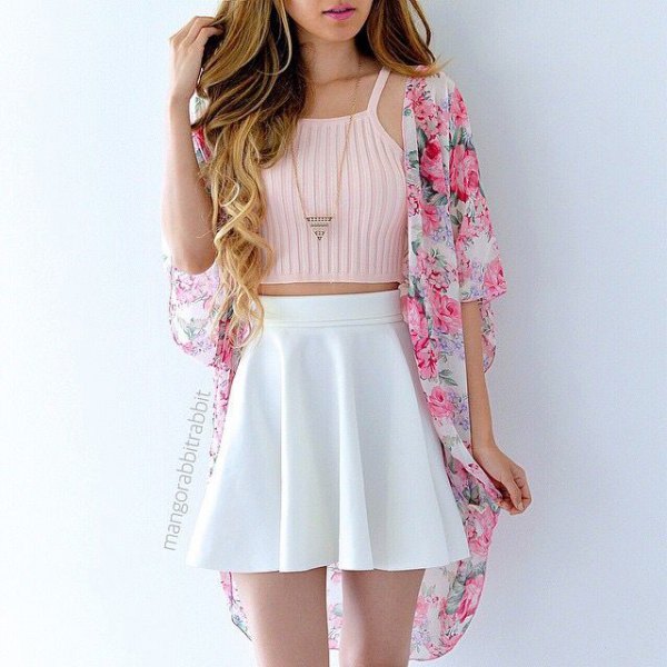 light pink cropped sleeveless sweater with floral kimono