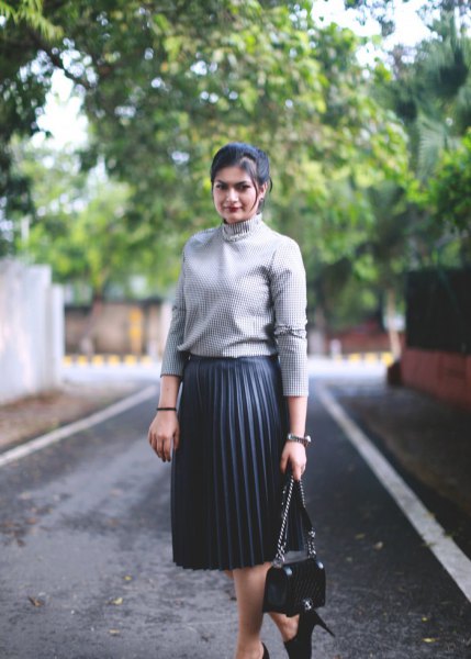 gray ribbed suede with black pleated midi skirt