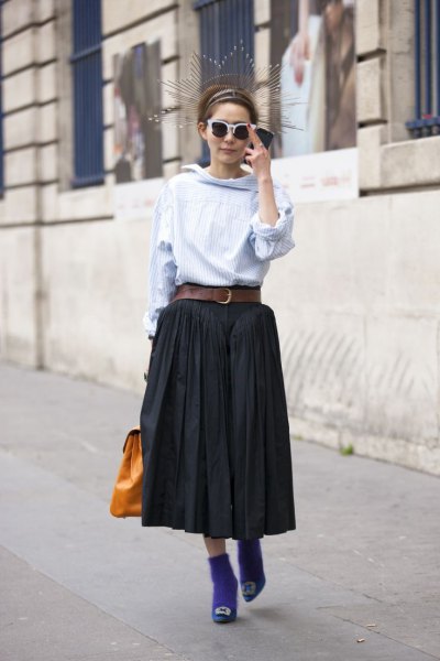 light blue cabbage blouse with black maxi pleated skirt