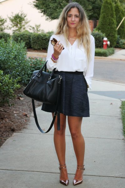 white button up shirt with black mini circle skirt