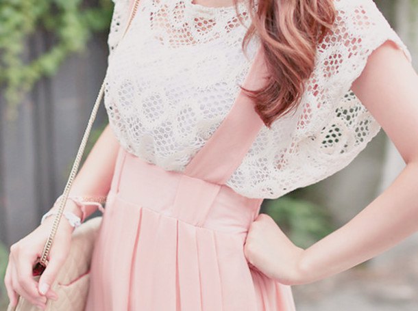 white crochet lace cap with top pink dress