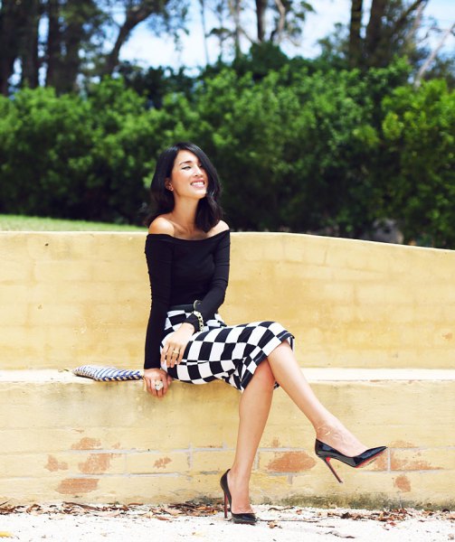 black from the shoulder top with checkered midi bodycon skirt