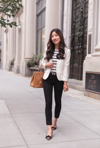 black and white striped sweater and blazer