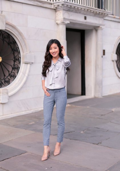 gray silk bow shirt with teal with ankle foot break