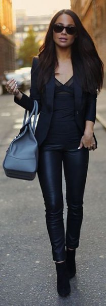 black blazer with v-neck blouse and leather leggings